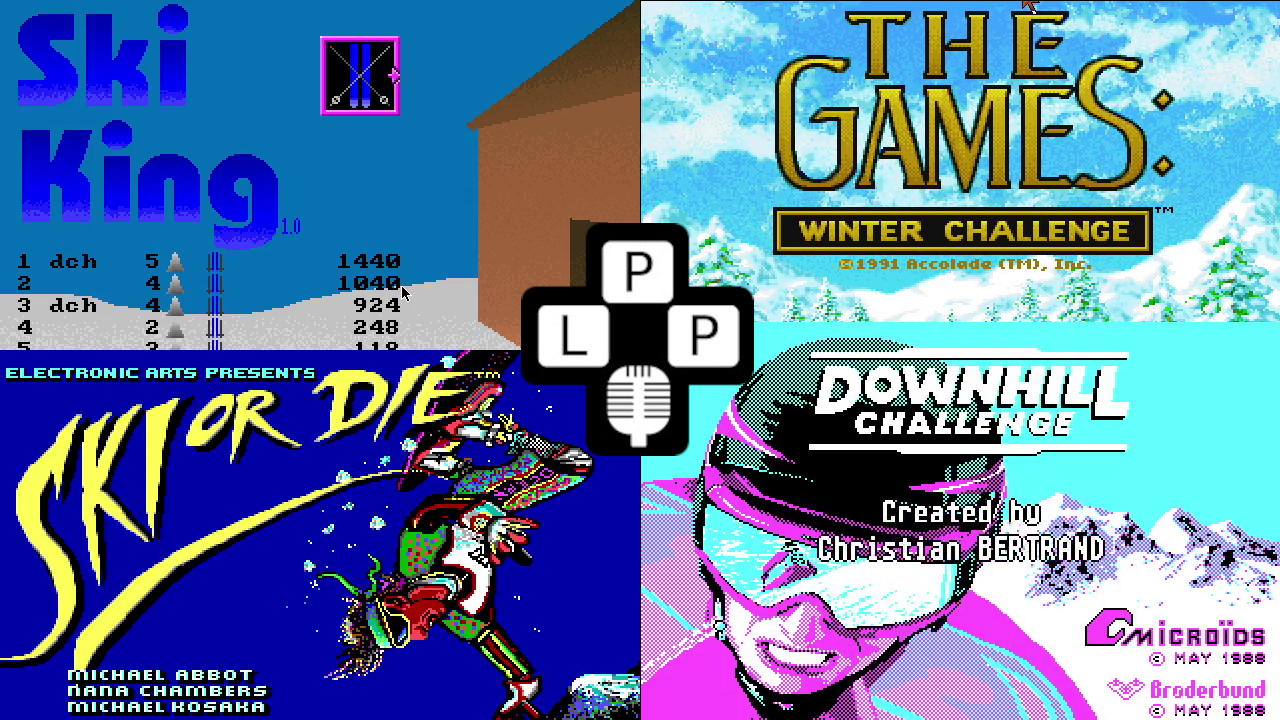 logos of four winter games depicting a ski lodge, mountains, inverted snowboarder, and skier face close up