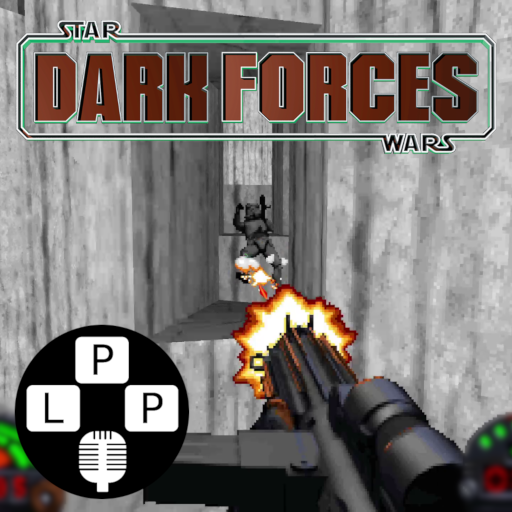 First person view of canyons, firing at falling stormtrooper, with title text, and LPP logo in corner