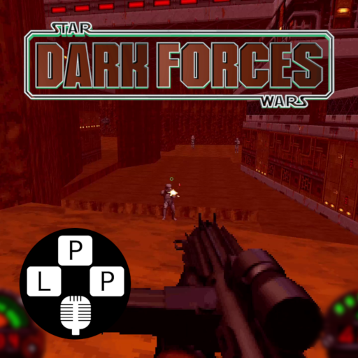 First person view of Gromas mines in Dark Forces game, with logo type above, and LPP logo on left